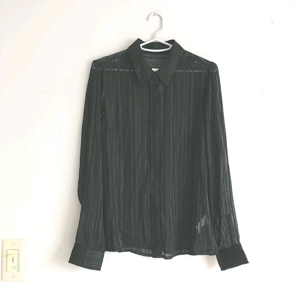 Express Blouse Shirt Womens XS/S*Black Stripe Sheer Sparkle Long Sleev Disco New